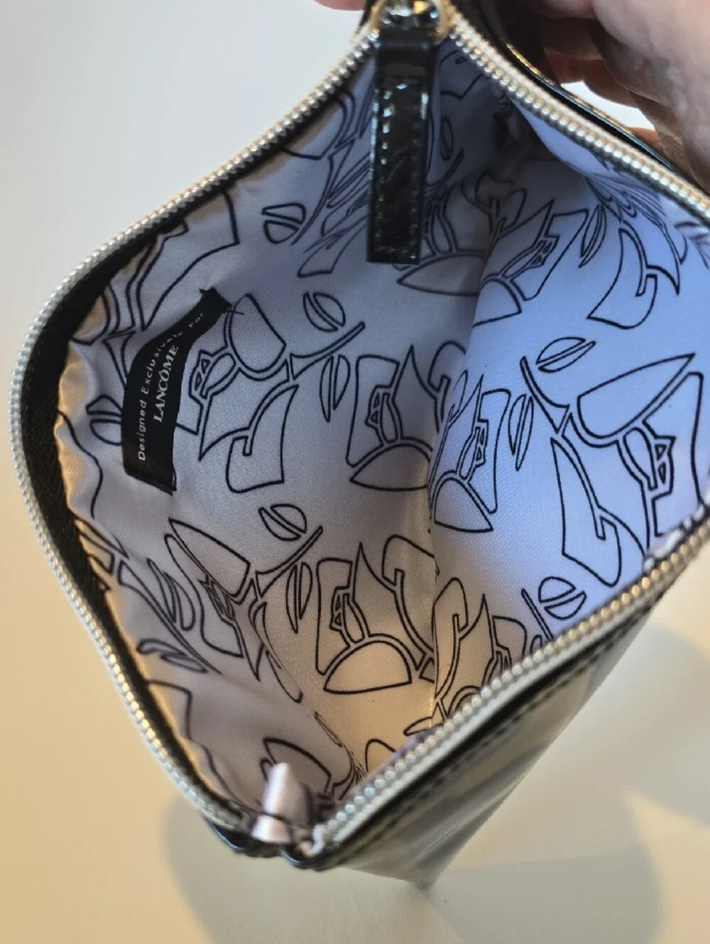 Lancome Black Patent Floral Zip Pouch